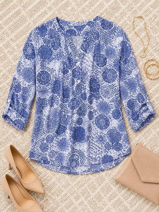 NY Collection Tops - NY Collection Petite Tribal Print Pintuck Top PM Blue 3/4 Sleeve Boho Work Top